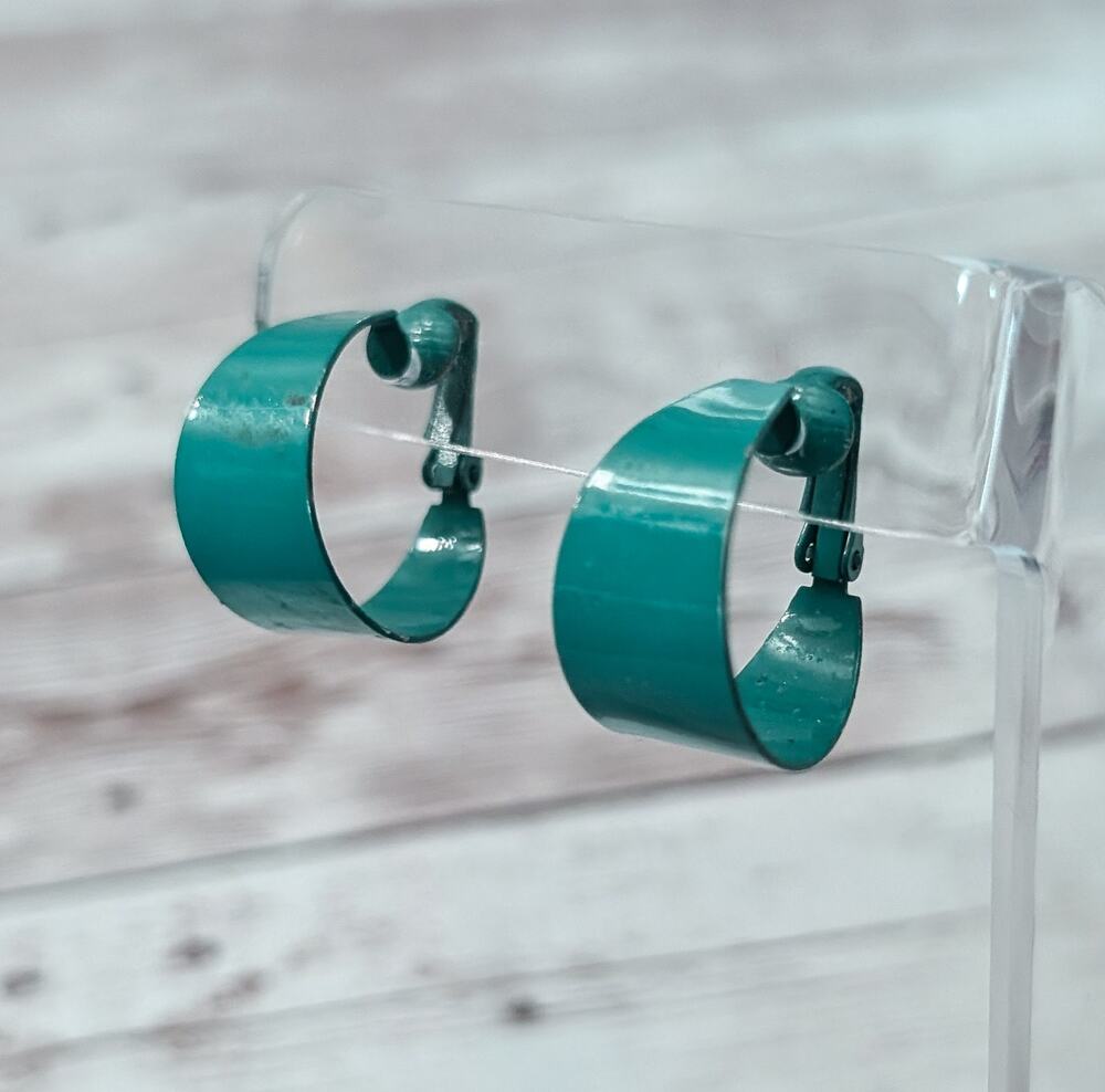 Vintage Clip On Earrings Retro Chunky Hoops Unusual Shade of Greeny Teal